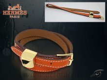 Hermes Double Tour Leather Bracelet Orange With Gold